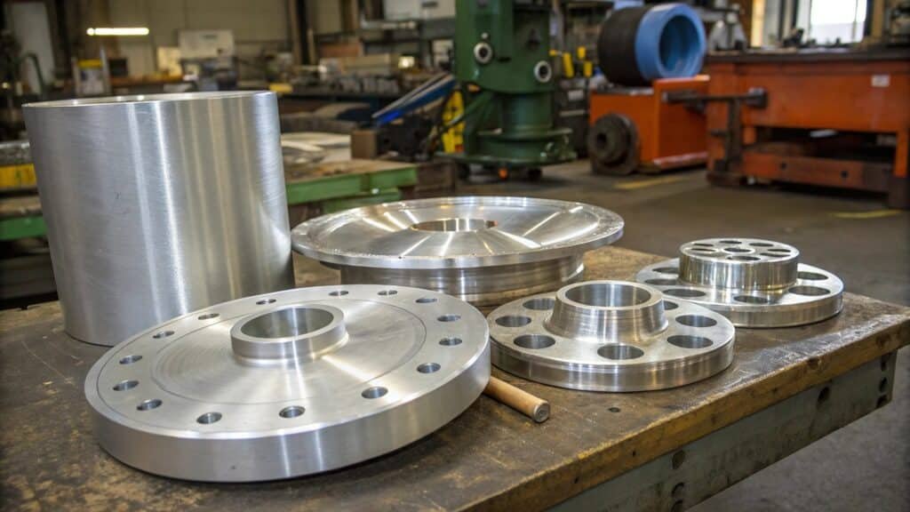 Three forged aluminum discs, each with a different alloy number clearly visible: 2014, 6061, and 7075.